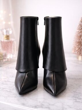 INC International Concepts Black Pointed Toe Ankle Booties with Flap Detail